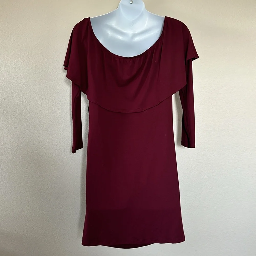 PinkBlush Maroon Burgundy Ruffle Trim Off Shoulder Fitted Maternity Dress - Picture 8 of 9